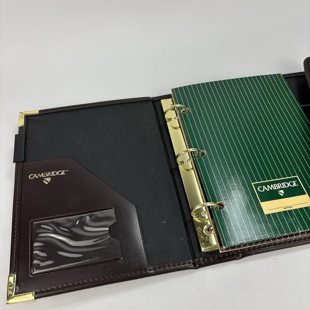 Vintage Cambridge Organizer 3 Ring Binder Leather Dark Brown Folders Brass